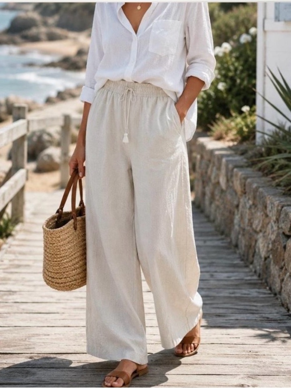 Lane Bryant Cream Wide-Leg Drawstring Linen-Blend Pants